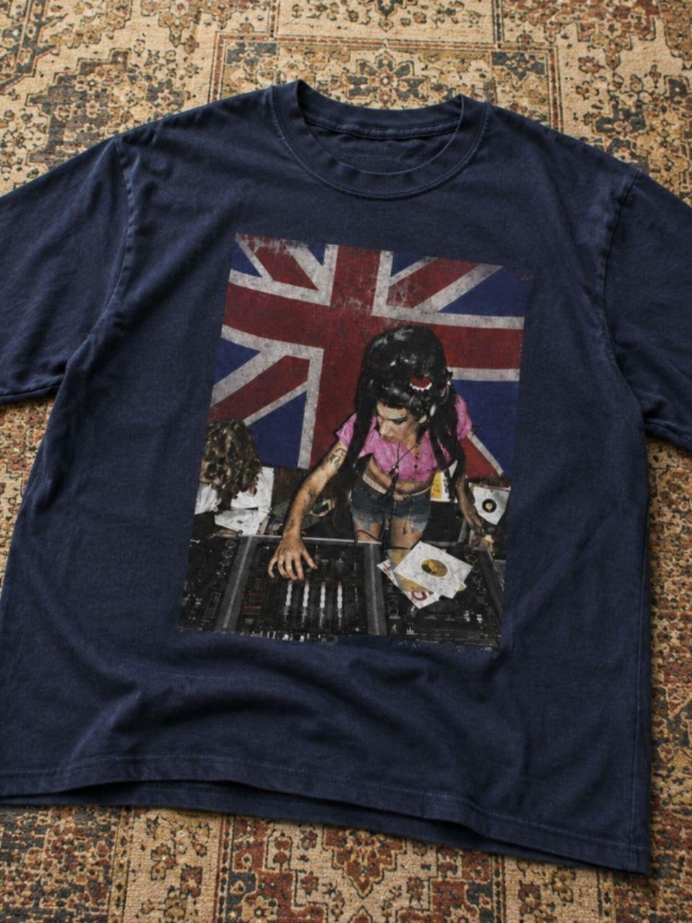 Gildan Navy Blue Short Sleeve Graphic Tee with Union Jack DJ Print